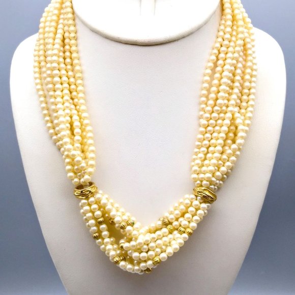 Classic Elegance Faux Pearl Necklace, Vintage Interlocking Multi Strand Seed - Picture 1 of 4